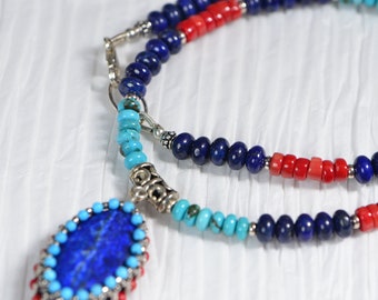 Lapis Lazuli Coral Turquoise Bead Necklace with Lariat pendant beaded