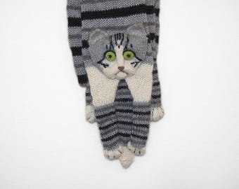 Hand Knit Tabby Cat Scarf: Wool Winter Cowl