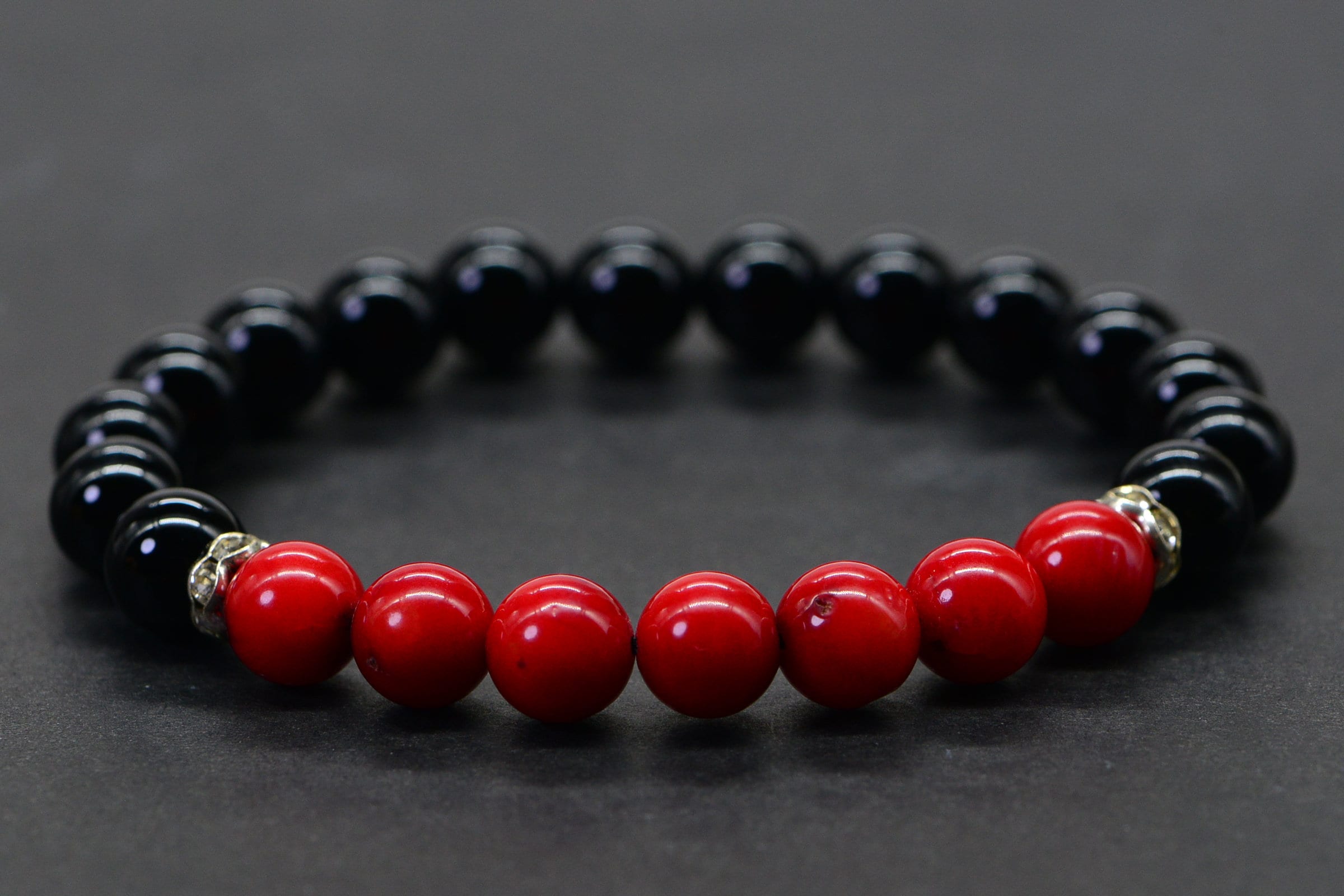 Red Coral Chip Bracelet on Black Band Black Coral Bracelet - Etsy main image 2