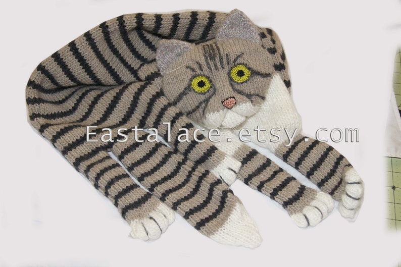 Knitted Scarf animal scarf tabby cat Fuzzy black beige white Soft Scarf Pet Ginger Cat Lover Mother Gift Idea image 3