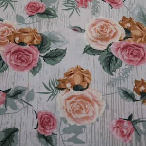 Cottage Chic Rose Cotton Fabric Gray and Pink Floral Multi-Color 1-Yard Cut
