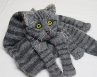 Knitted Scarf Fuzzy Tabby Gray Knit Cat Scarf  Mohair Long Scarf Cat Lovers Memory Lost Pet Gift Animal Scarf