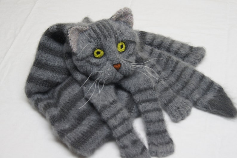 Knitted Scarf Fuzzy Tabby Gray Knit Cat Scarf Mohair Long Scarf Cat Lovers Memory Lost Pet Gift Animal Scarf image 1