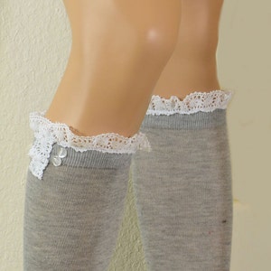 Gray Boot Socks White Crochet Lace and Buttons Womens Socks Flat Knit Socks