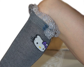 Girls Socks Black Gray  Trim With Gray Lace And Buttons Children Socks Gray Socks