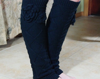 Legwarmers Crochet , Hand Knit Leg warmer, Black Knitting Legwarmer, Crochet Flower Legwarmers