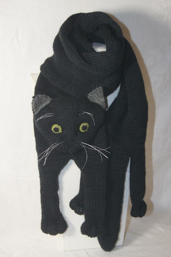 Black Cat Knitting Scarf Hollowing Accessories Cat Lover Gift Long Black Scarf  Hand Knitting - Etsy