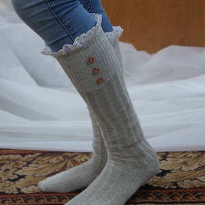Light Gray Boot Socks Trim with crochet Lace and buttons- Boho style socks