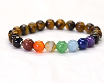 Tiger Eye Chakra Rainbow Healing Bracelet Healing Crystals Bracelet Gemstone Bracelet Calm