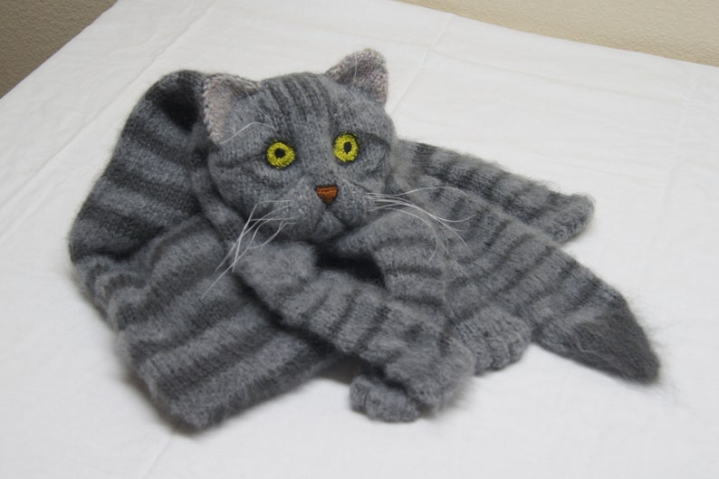 Knitted Scarf Fuzzy Tabby Gray Knit Cat Scarf Mohair Long Scarf Cat Lovers Memory Lost Pet Gift Animal Scarf image 10