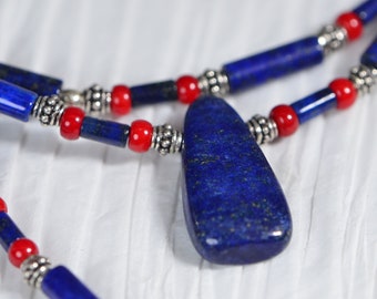 Lapis Lazuli Coral Choker  Necklace Long Tube Lapis Beads Necklace with Lariat pendant Free  Teardrop pendant