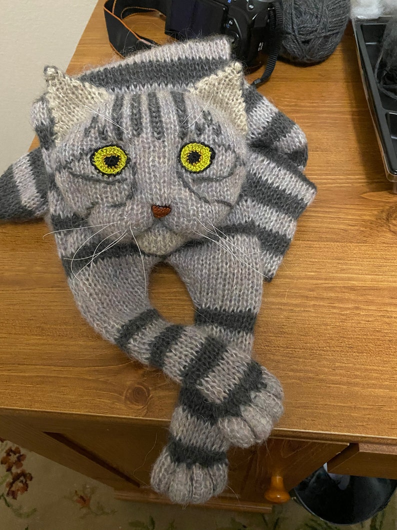Knitted Scarf Fuzzy Tabby Gray Knit Cat Scarf Mohair Long Scarf Cat Lovers Memory Lost Pet Gift Animal Scarf image 3