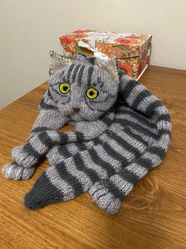 Knitted Scarf Fuzzy Tabby Gray Knit Cat Scarf Mohair Long Scarf Cat Lovers Memory Lost Pet Gift Animal Scarf image 2