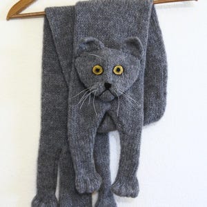 Gray Cat Scarf Knitting Animal scarf-Cat Lover Mohair Cat khaki Eyes Scottish Fold cats with folded ears