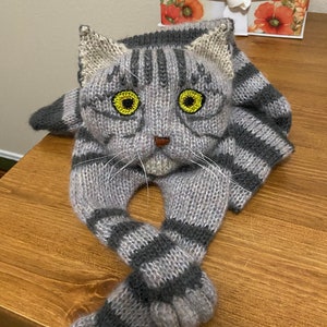 Knitted Scarf Fuzzy Tabby Gray Knit Cat Scarf Mohair Long Scarf Cat Lovers Memory Lost Pet Gift Animal Scarf image 4