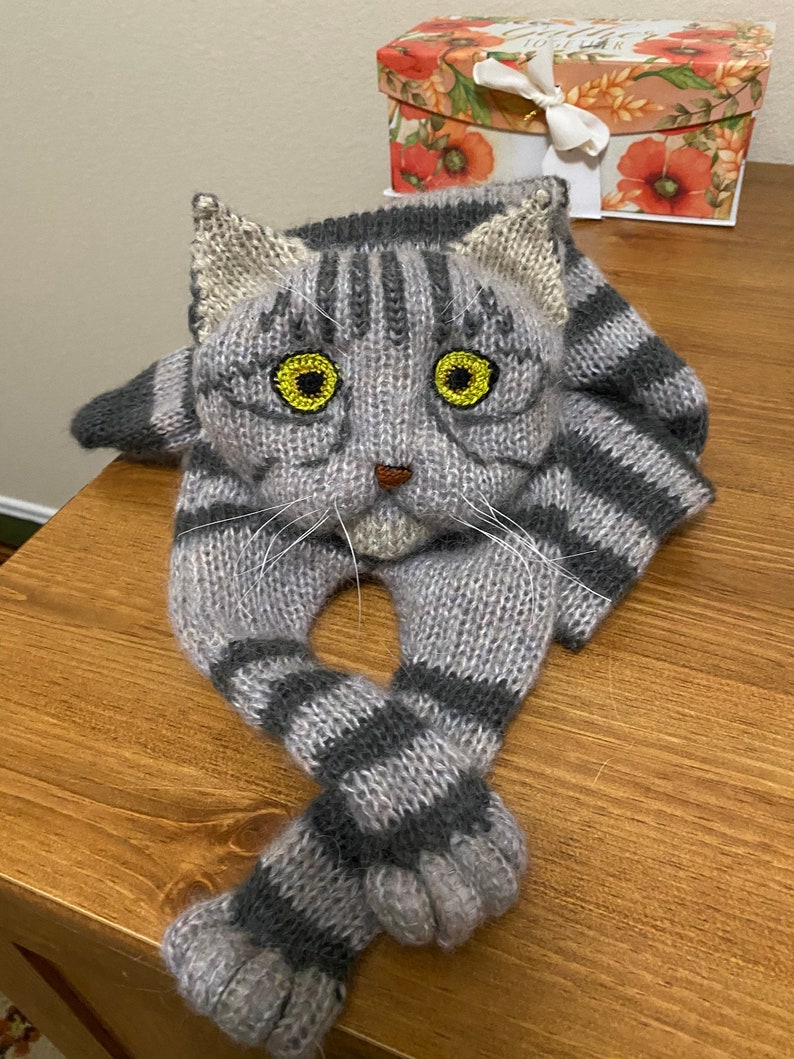 Knitted Scarf Fuzzy Tabby Gray Knit Cat Scarf Mohair Long Scarf Cat Lovers Memory Lost Pet Gift Animal Scarf image 4