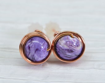 Natural Chariot 8mm Studs Copper wire wrapped studs earring Charoite post earrings Gift for her