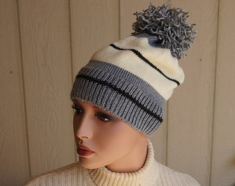 Sport Hat,  Ear Warmer, Gray, Ivory, Black  Hand Knit Hat, Winter Hat, Fashion Hat, Pom Pom Knit Hat