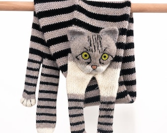 Hand Knit Wool Cat Scarf: Fuzzy Tabby, Pet Lover Gift