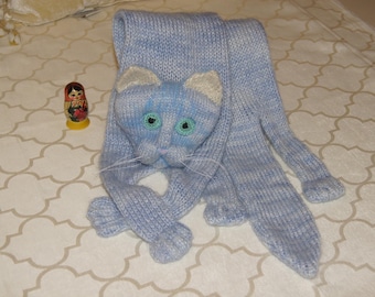 Blue Cat Scarf Long Hand Knitting Mohair Blend