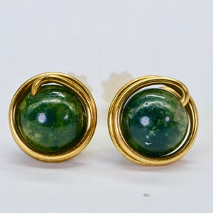 Natural Moss Agate 9mm Studs 14K Gold Plated  wire wrapped studs earring Green Agate post earrings Gift for her