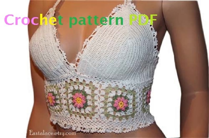 crochet crop top Crochet Pattern PDF Women Top White Cotton Crochet top Bikini Top Hippie Top PDF pattern image 1