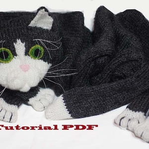 タキシード猫の編み物スカーフパターン PDF ファイル インスタントダウンロード 動物編みおもちゃスカーフギフトアイデア。英語版