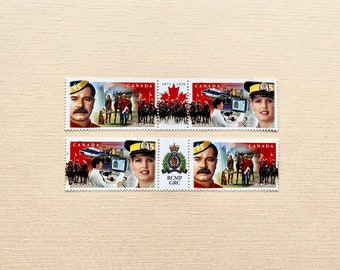 RCMP Canada Briefmarken, Jahrestag, Polizist, kanadischer Mountie, berittene Polizei, Pferde, Pferderücken, roter Mantel, kanadische Geschichte