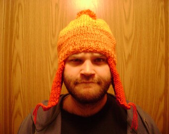 Hand-Knit Orange Hat with Ear Flaps – Unique Pattern Design