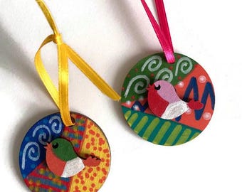 Hand Painted Robin Bird Decorations, Original Wooden Bird Ornaments