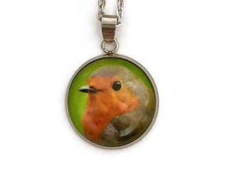 Handmade Robin Photo Necklace - Stainless Steel Pendant - Bird Jewellery
