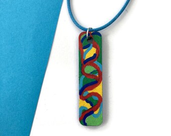 Painted wooden colourful necklace pendant on wood, original artistic lovers jewellery gift