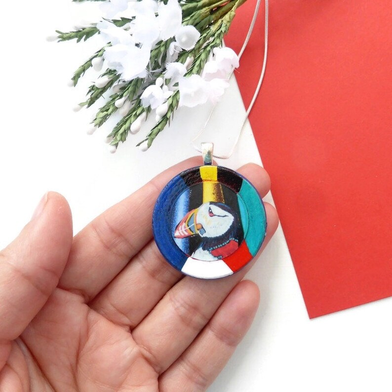 Puffin bird necklace hand painted original wooden jewellery image 3