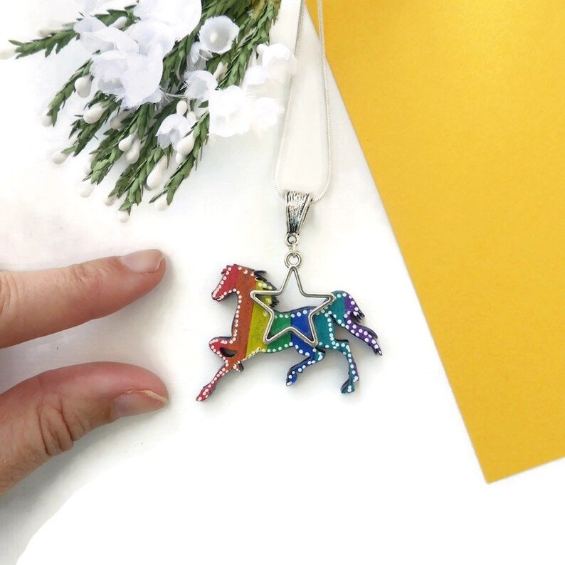 Rainbow horse necklace painted on wood original horse lovers image 3