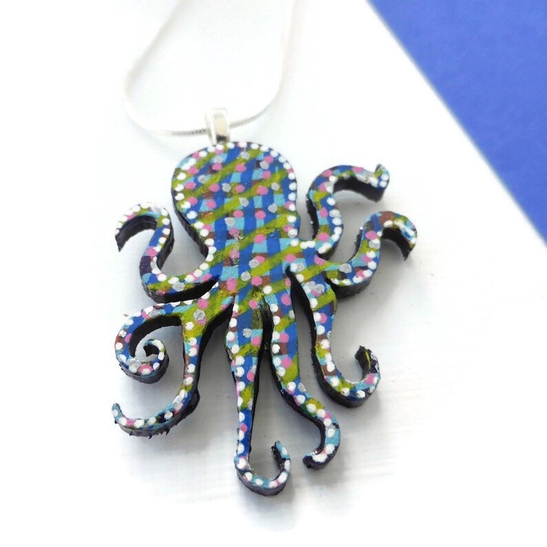 Octopus necklace hand painted wooden jewellery image 8