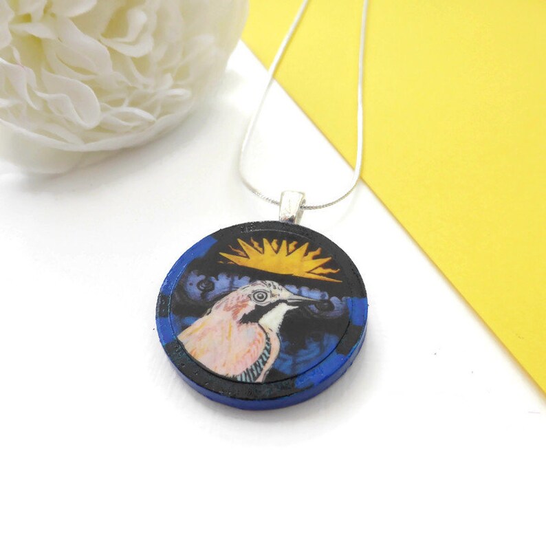 Jay bird necklace hand painted wooden jewellery image 3