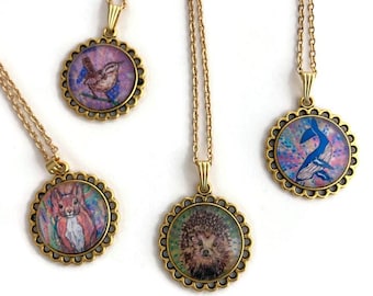 Whimsical Animal Necklace - Gold Stainless Steel, Vintage Style Cabochon