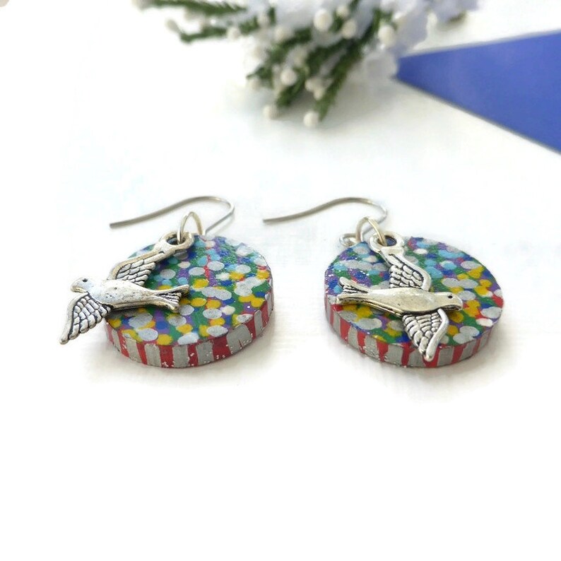 Flying bird earrings hand painted original bird wooden image 8