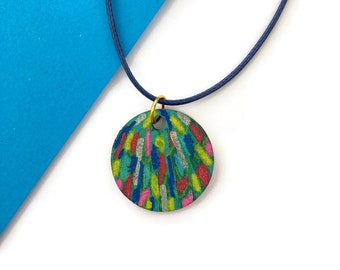 Colourful painted wooden necklace pendant, modern necklace, abstract art jewellery