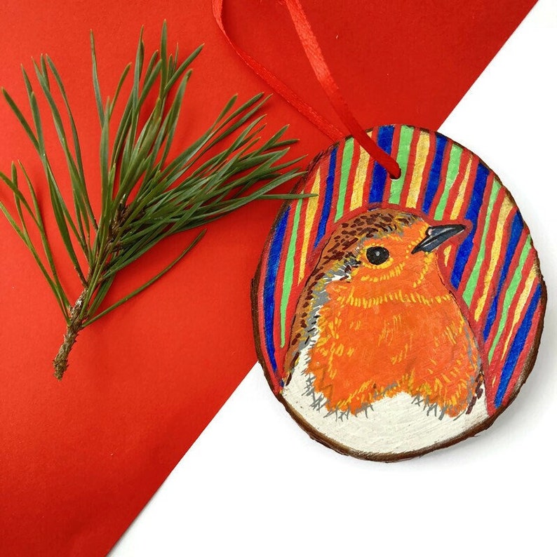 Hand-Painted Wooden Robin Bird Decoration Rustic Christmas Ornament image 1
