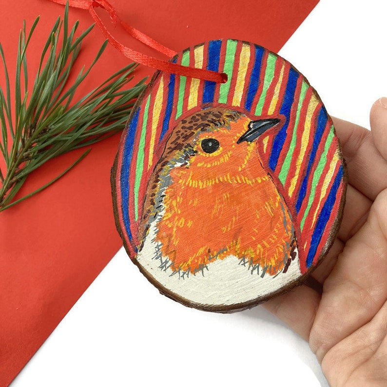 Hand-Painted Wooden Robin Bird Decoration Rustic Christmas Ornament image 4