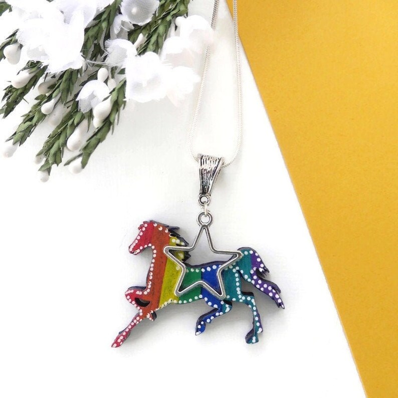 Rainbow horse necklace painted on wood original horse lovers image 0