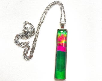 Abstract Colourful Rectangle Necklace, Handmade Art Jewellery, Green And Pink Glass Pendant