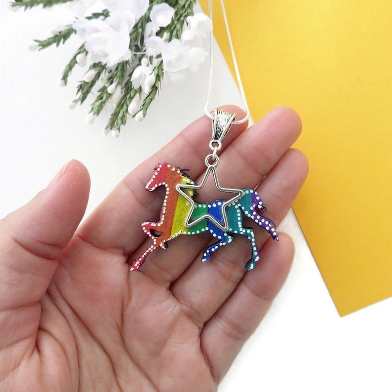 Rainbow horse necklace painted on wood original horse lovers image 4