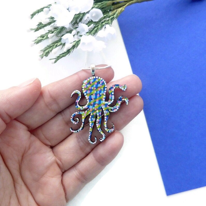 Octopus necklace hand painted wooden jewellery image 4