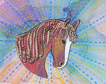 Original Horse Painting, Colourful Equine Art, Mounted Animal Illustration