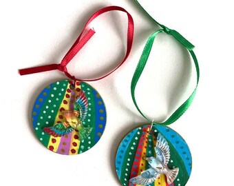 Hand Painted Wood Bird Ornaments - Unique Artisan Made Christmas Gift