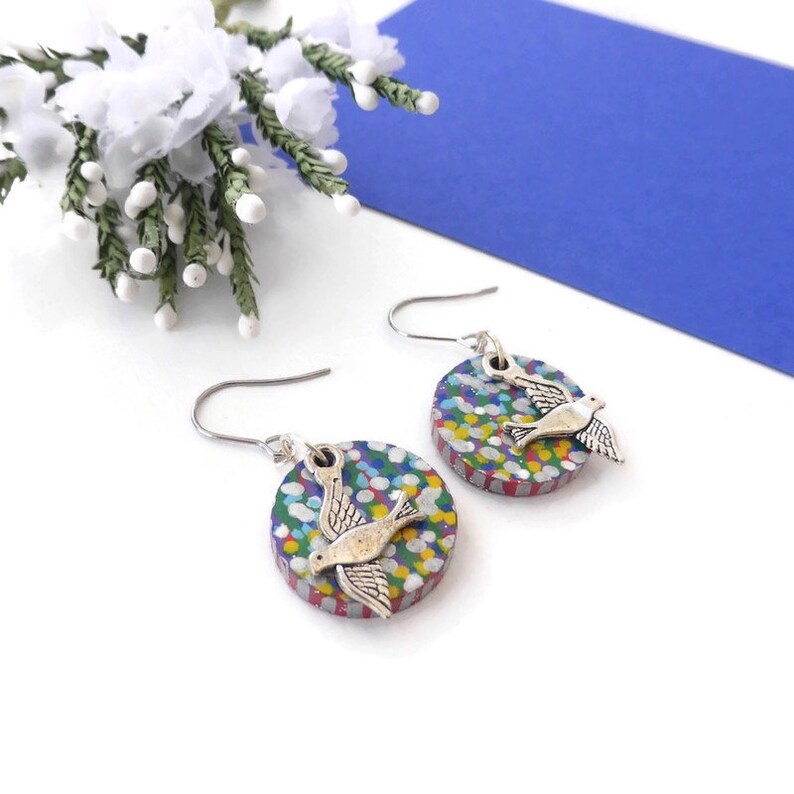 Flying bird earrings hand painted original bird wooden image 3