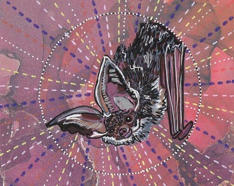 Original Bat Painting, Colourful Wildlife Art, 6x6" Mounted