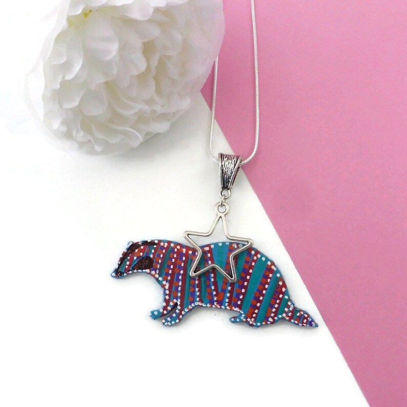 Badger necklace hand painted original animal wooden jewellery image 0